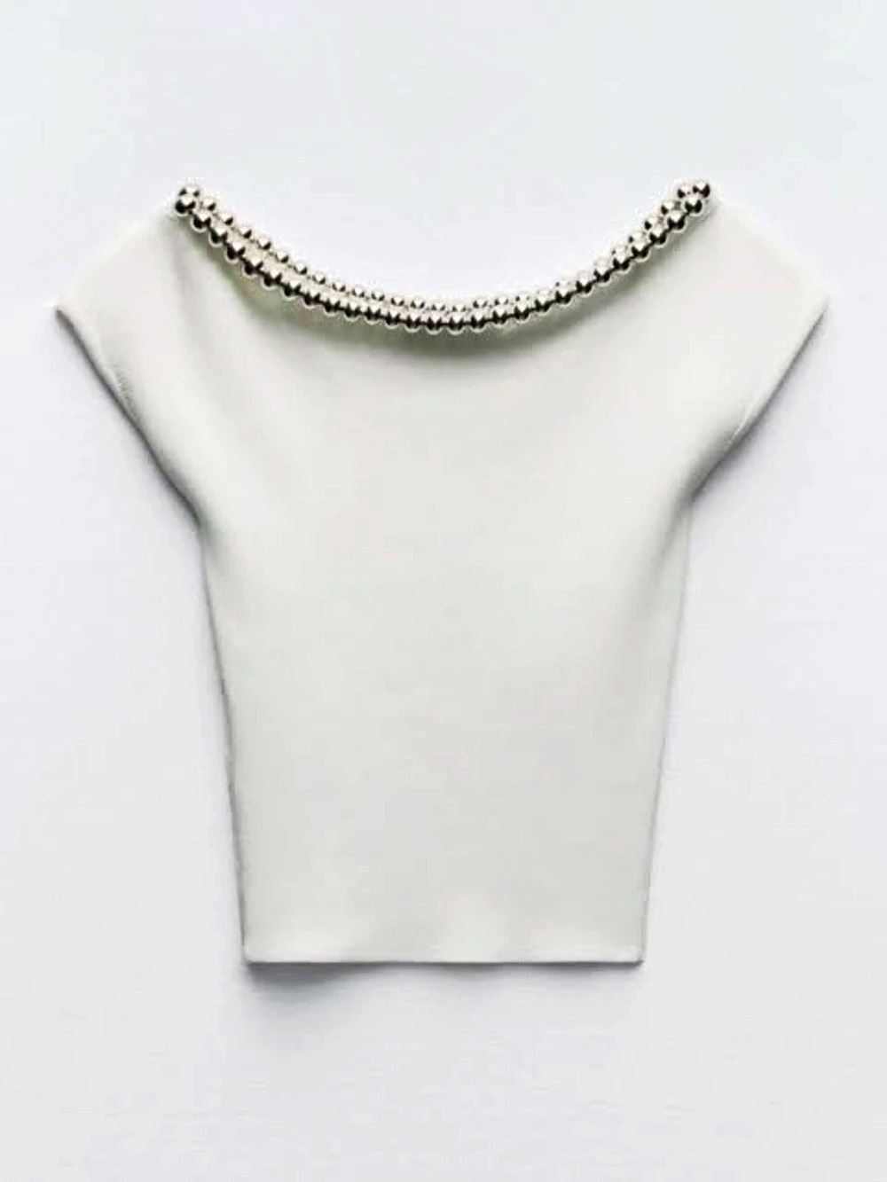 Zara Silver Ball Bead White Knit Top Sweater Boatneck Medium